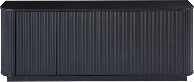 LKTART 64" Sideboard Buffet Cabinet with Storage, Wooden Fluted Storage Cabinet Sideboard Credenza with Adjustable Shelves Pressed Spring for Kitchen Living Room (Black)