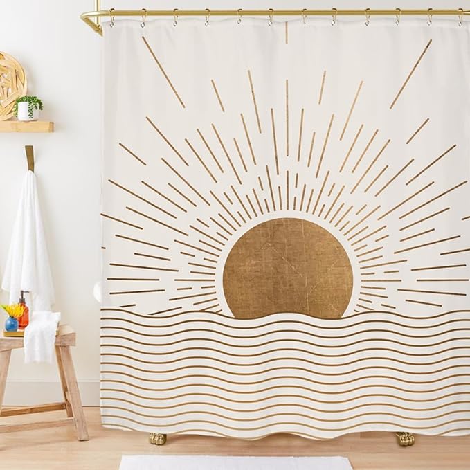 Miyotaa Sun Minimalist Shower Curtain Set 60Wx71H Inches Mid Century Sunrise Sunset Vintage Aesthetic Retro Polyester Waterproof Cloth Bathroom Curtain with 12 Hooks