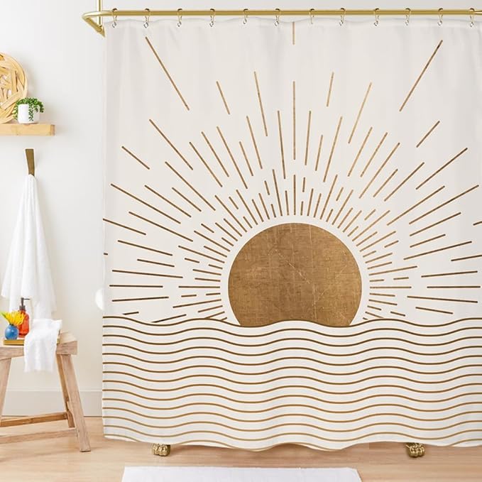 Miyotaa Sun Minimalist Shower Curtain Set 71Wx71H Inches Mid Century Sunrise Sunset Vintage Aesthetic Retro Polyester Waterproof Cloth Bathroom Curtain with 12 Hooks