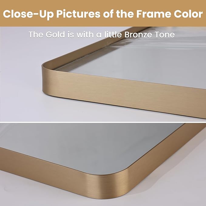 LOAAO 60”X30” Gold Bathroom Mirror, Rounded Rectangle Gold Frame Mirror, Brushed Gold Bathroom Vanity Mirror Wall-Mounted, Anti-Rust, Tempered Glass, Hangs Horizontally or Vertically