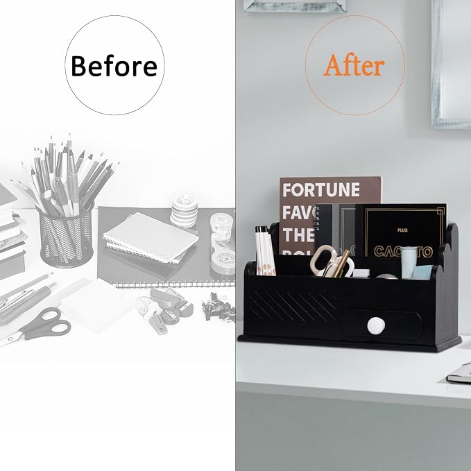 5 Compartments Real Wood Desk Accessories Organizer Countertop Mail Holder 13 x 8 inch Office Workspace Organization with Drawer for File, Pen, Pencil, Black