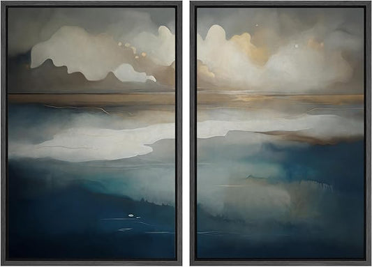 IDEA4WALL Framed Canvas Print Wall Art Set Ocean Cloudscape Blue and Beige Abstract Seascape Illustrations Modern Art Decorative Bohemian Calm/Zen for Living Room, Bedroom, Office - 16"x24"x2 Black