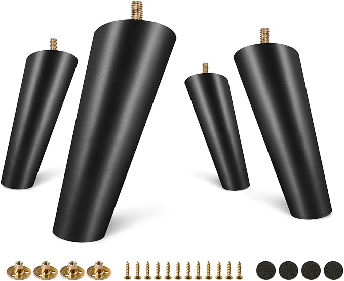 FoDau770 Black Rubber Wood Furniture Legs 5 Inches, Slant Tapered Wood Feet Mid Century Sofa Legs Set of 4, 5/16" UNC Furniture Feet Replacement Parts for Cabinet Couch Dresser Chair Ottoman Table