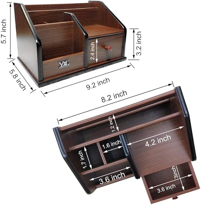 Wooden desk organizer with Drawer,Multifunctional Office & Home Storage Organizer as Large pencil holder makeup organizer remote control holder etc. (YCL829)