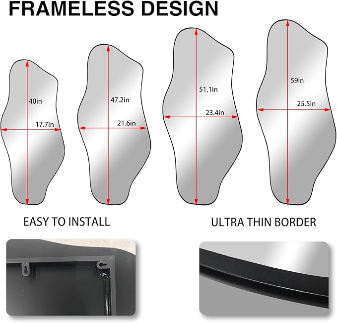 Irregular Mirror, 47.2"x21.6" Asymmetrical Wall Mirror, Abstract Frameless Mirrors Decorative, Modern Unique Shaped Mirrors for Living Room Bathroom Bedroom Hallway Entryway Fireplace
