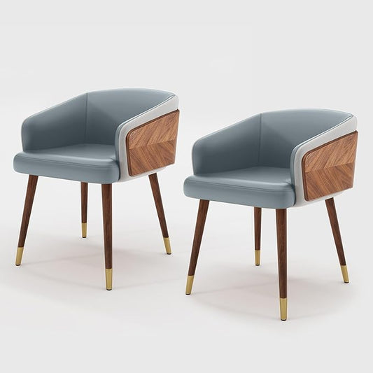 ARTPLAN Modern Upholsted Accent Dining Chairs Set of 2,Mid-Century Faux Leather with Walnut for Kitchen,Office Waiting Room Arm Sitting Chair, Beech Legs Dissassembly Adjustable Feet,Steel Gray