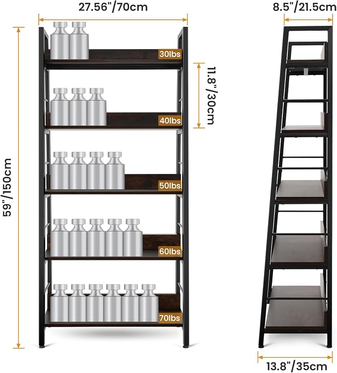 Himimi Industrial Ladder Shelf, Rustic 5 Tier Leaning Bookshelf, Wood Metal Ladder Bookcase, Plant Flower Stand Rack Book Storage Shelves for Living Room, Bedroom, Home Office