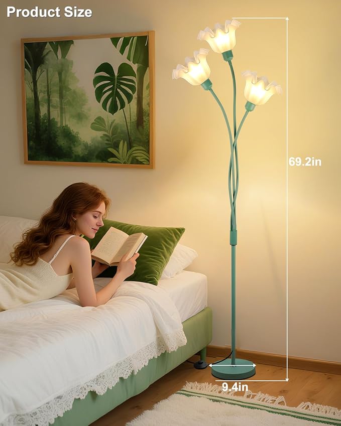 Flower Floor Lamp for Living Room, Modern Tree Floor Lamp with Adjustable Heads, 3 Light 3000K Soft Warmwhite Mid Century Standing Tall Lamp for Bedroom Kids Room-Green