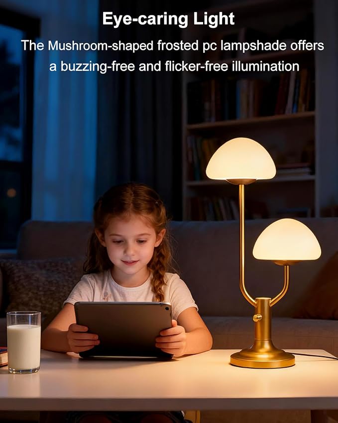 Lightdot Mushroom Table Lamp for Bedroom, Desk Bedside Small Lamps for Living Room Night Stands, Cute Modern Mid Century Lamps Dimmable with 2 LED Bulbs, Unique Aesthetic Home Decor-Gold