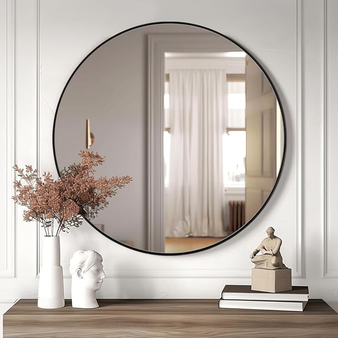 ANDY STAR Round Bathroom Mirror, Round Black Mirror 32 inch, Matte Black Circle Mirror with Anti-Rust Stainless Steel Metal Frame, Modern Vanity Mirror Wall Mount, Easy to Install