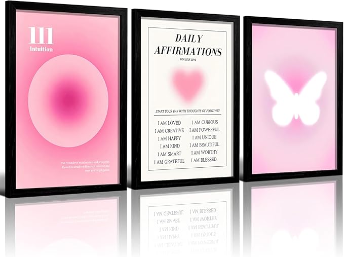 LIANGSU Black Framed Angel Number Affirmations Wall Art Pink Aura Gradient Butterfly Canvas Prints Boho Spiritual Positive Energy Wall Picture for Bedroom Living Room Office 16x24 Inch