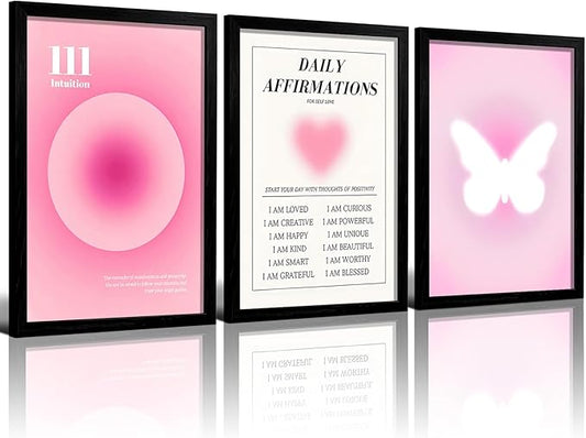 LIANGSU Black Framed Angel Number Affirmations Wall Art Pink Aura Gradient Butterfly Canvas Prints Boho Spiritual Positive Energy Wall Picture for Bedroom Living Room Office 16x24 Inch