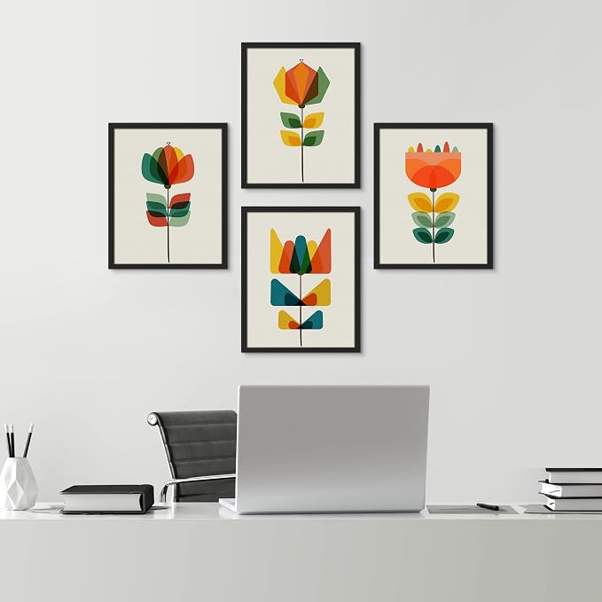 SIGNWIN Framed Mid-Century Modern Retro Botanical Flower Garden Wall Art, Set of 4 Abstract Geometric Wall Decor Prints, Nature Wilderness Wall Décor for Living Room, Bedroom - 12"x16" Black