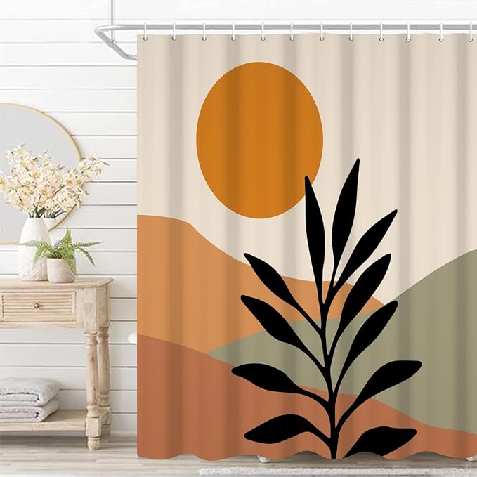 Bohemian Bathroom Shower Curtain with Hooks - Orange Sun Eucalyptus Leaves Abstract Mountain Boho Theme, Waterproof Polyester Fabric, 65x72 Inch