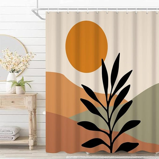 Bohemian Bathroom Shower Curtain Orange Sun Eucalyptus Leaves Abstract Mountain Boho Theme Bath Curtain with Hooks Waterproof Fabric Polyester Shower Curtain Modern Home Decor, 72x96 Inch