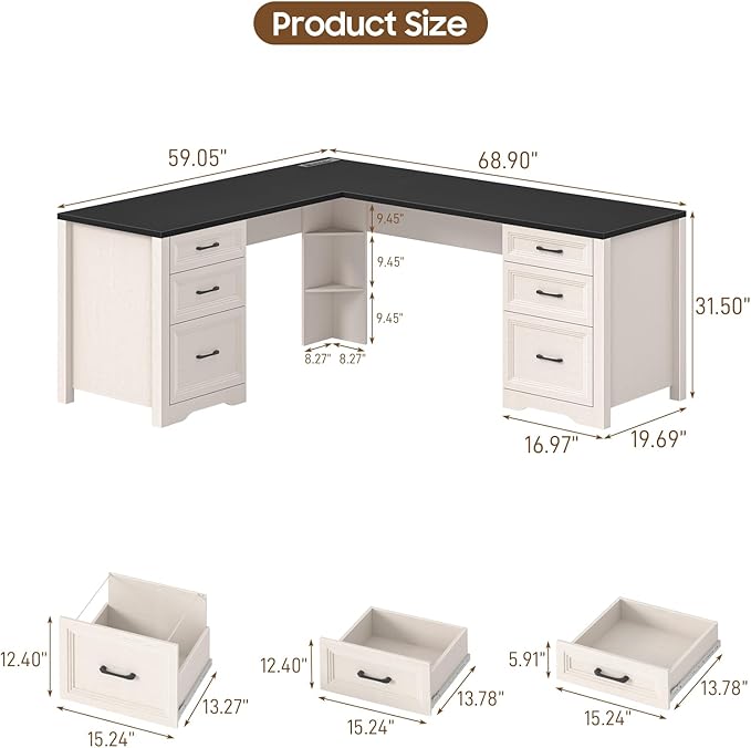 Vabches Wood L Shaped Executive Desk with 6 Drawers, Farmhouse Home Office Desk with Power Outlets and Triangle Under-Desk Storage Shelf & Drawer File Cabinet, Corner Computer Desk, Black