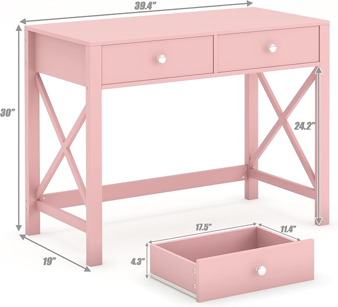 WiberWi Home Office Desk with Drawers, Modern Writing Computer Desk for Bedroom, Small Makeup Vanity Table Study Table for Home Office,Pink