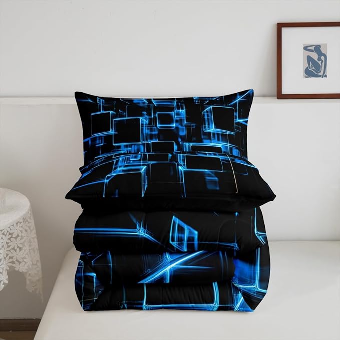 Erosebridal Blue and Black Kids Comforter Set, Modern Geometric Square Bedding for Boys Girls Gradient Neon Light Honeycomb Duvet Insert Abstract Bed Set Twin 2 Pieces
