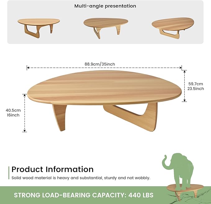 Modern Triangle Coffee Table: Unique Funky Soild Wood Coffee Tables for Living Room, Wooden Oval Mid-Century Modern Abstract Tea Tables for Patio Office Balcony (Natural, 35" L x 24" W x 16" H)