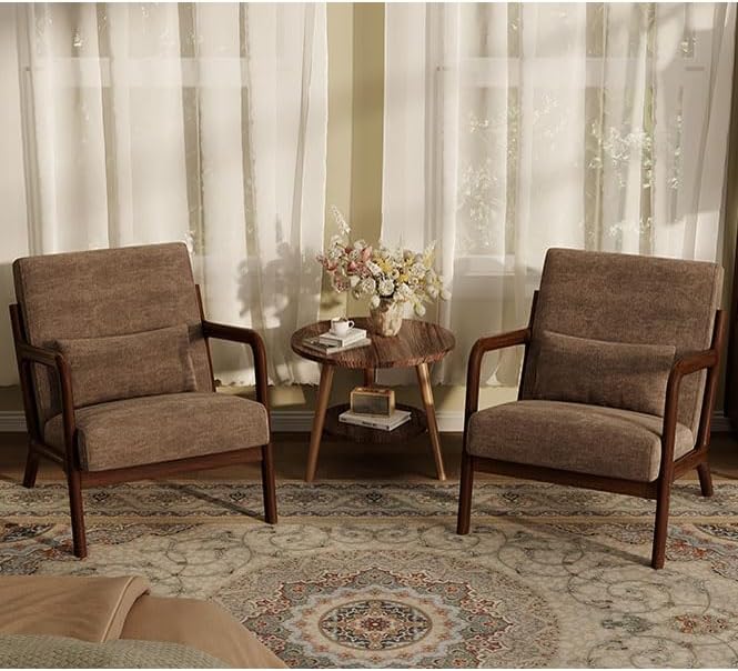 Garvee Mid-Century Chenille Accent Chair Set of 2, Cozy Reading Chair, Modern Lounge Armchair with Lumbar Pillow, Sturdy Wood Frame, for Living Room, Bedroom, Office, Brown