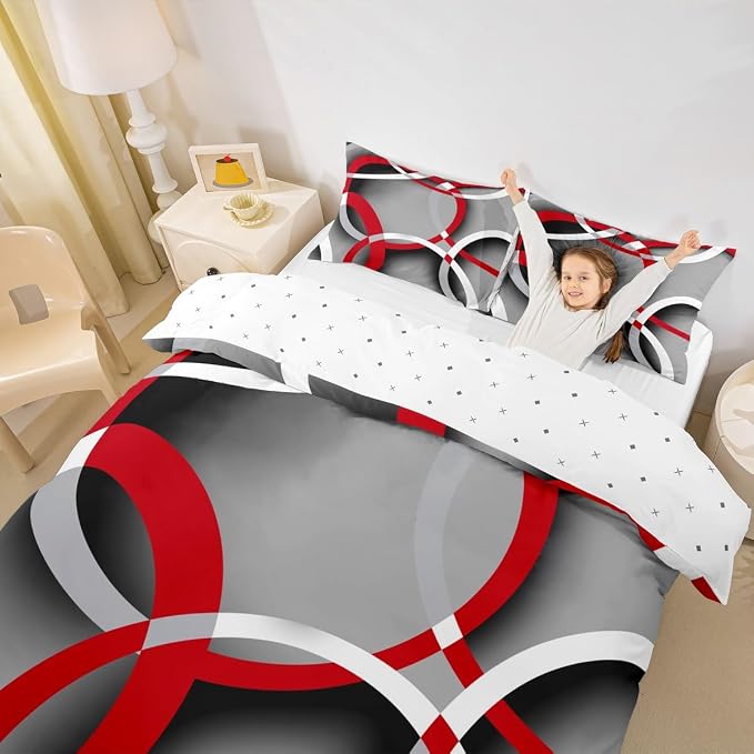 Feelyou Geometric Bedding Set Retro Circle Comforter Cover for Kids Boys Girls Teens Women Modern Abstract Art Duvet Cover Grey Red Black Bedspread Cover Room Decor Twin Size (No Comforter)