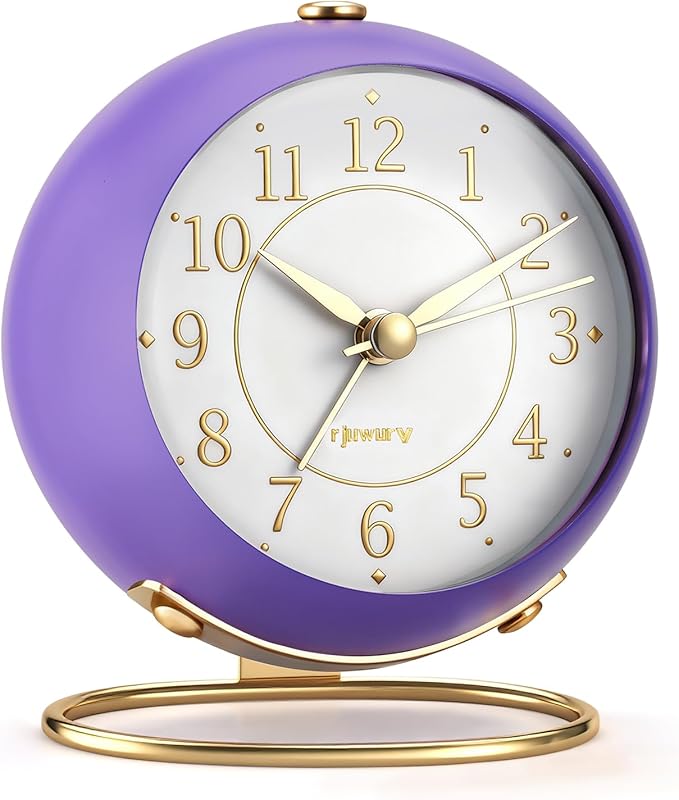 rjuwurv Metal Desk Alarm Clock, Retro Bedroom Table Vintage Analog Silent Non-Ticking Gold Alarm Clock, Bedside Decor(Violet Purple)