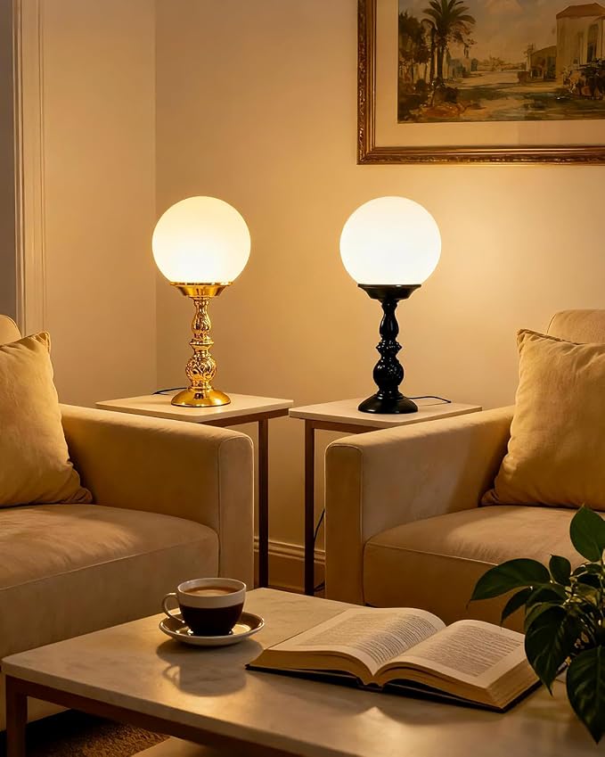 Lightdot Globe Table Lamp for Bedroom Mid Century Modern Small Desk Lamp 3000K Warmwhite Cute Nightstand Bedside Lamps for Living Room Home Office-2Pack(Gold & Black)