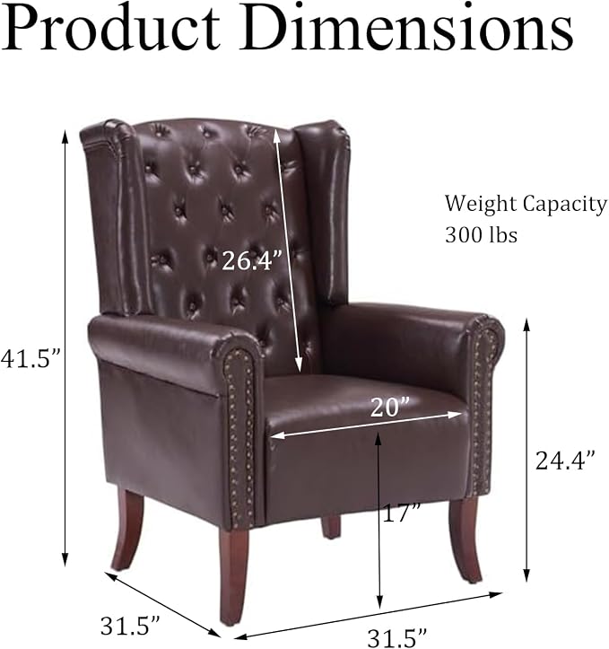 PU Leather Accent Chair Modern Wingback Armchair Club Sofa Chair High Back Living Room Chair for Bedroom, Office, Lounge (Caramel)