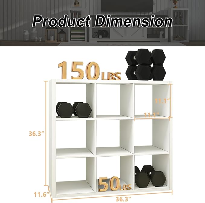 CTESNE【2026 Wooden Thick Frame 9 Cube Storage Organizer Shelf with Anti-Tipping Kits + Reversible Open Back Bookcase, Horizontal and Vertical Dual-use（White,11inch）