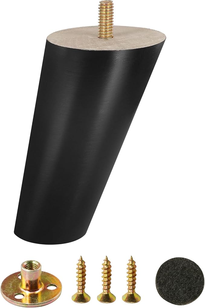FoDau770 Black Rubber Wood Furniture Legs 6 Inches, 5/16" UNC Slant Tapered Wood Feet Mid Century Sofa Legs, Wooden Furniture Feet Replacement Parts for Cabinet Couch Dresser Chair Ottoman Table