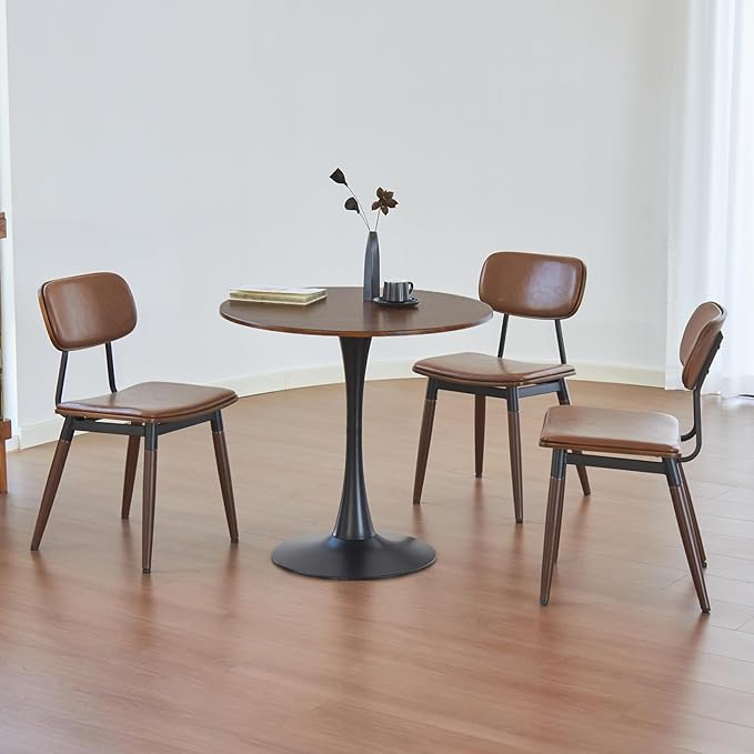 Round Dining Table, 24" Circle Tulip Table with Thickened Tabletop & Metal Pedestal, Mid Century Modern Bistro Table for Kitchen, Small Places, Living Room, Cafe (Brown)