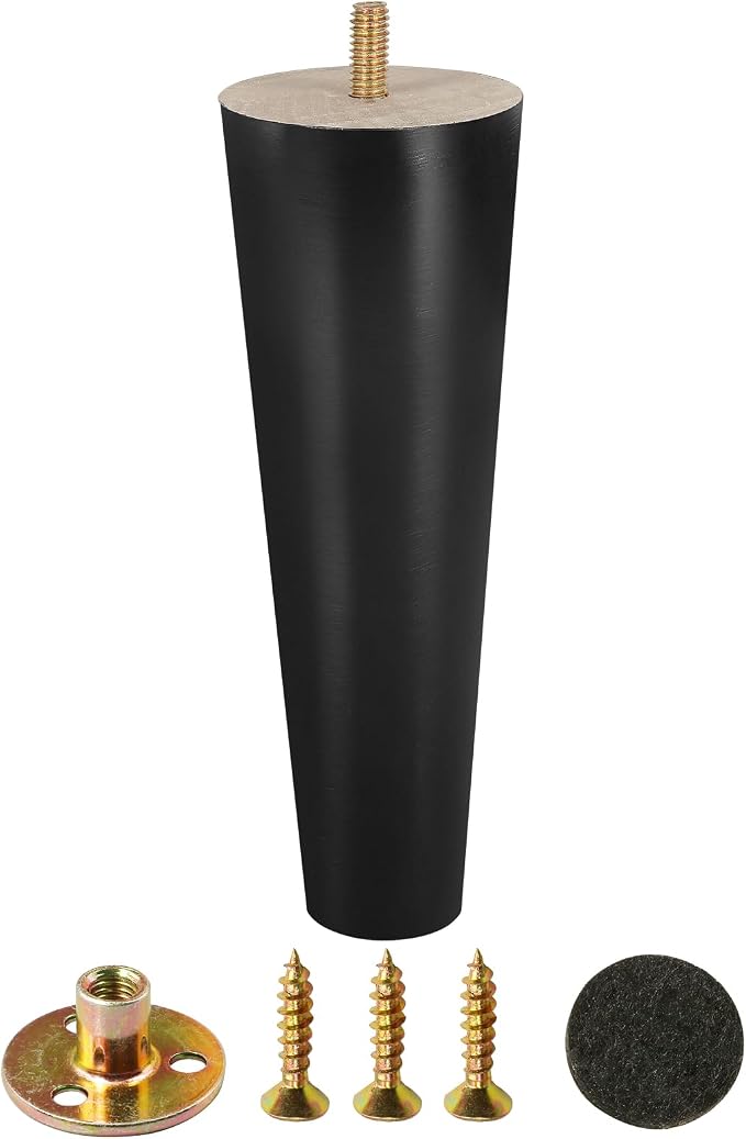 FoDau770 Black Rubber Wood Furniture Legs 8 Inches, 5/16" UNC Straight Tapered Wood Feet Mid Century Sofa Legs, Wooden Furniture Feet Replacement Parts for Cabinet Couch Dresser Chair Ottoman Table