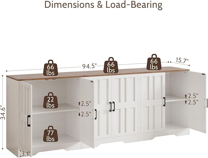 Sideboard Buffet Cabinet, Modern Farmhouse Kitchen Storage Cabinet, 94.5" Modular Accent Cabinet Coffee Station Bar Media Console Table Credenza for Kitchen Dining Room, Living Room Entryway Hallway