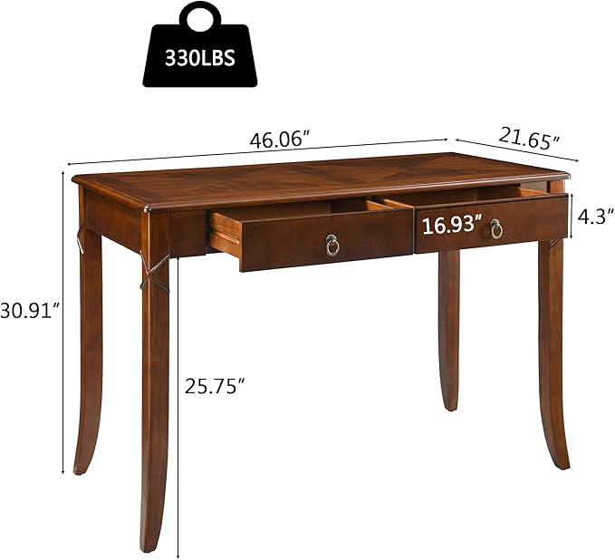 LEEMTORIG 46" W Vintage Solid Wood Writing Desk, Secretary Desk with 2 Drawers, Mahogany Cherry Wood Writing Table for Home Office, Queen Anne Style Wooden Desk, Cherry Brown BSZ-DR200