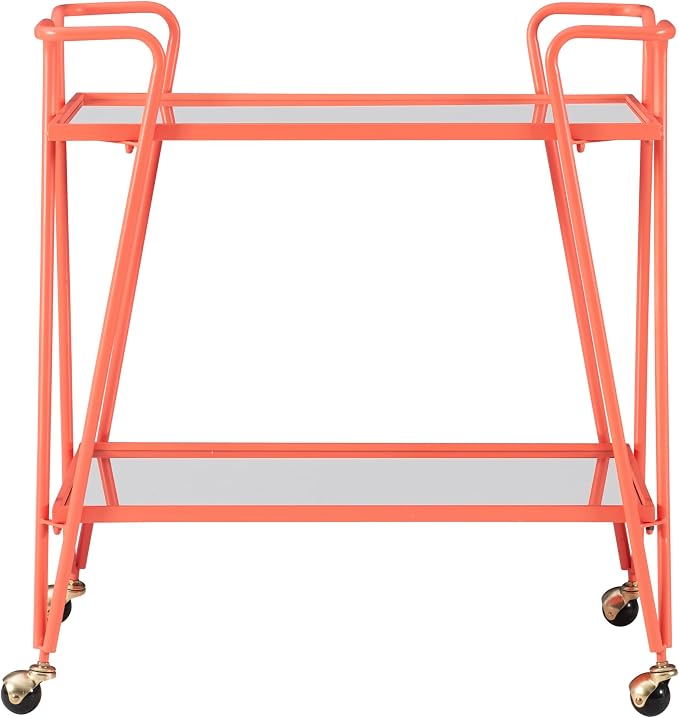 Gina Coral Mid-Century Bar Cart with Mirrored Shelves and Locking Wheels by Linon