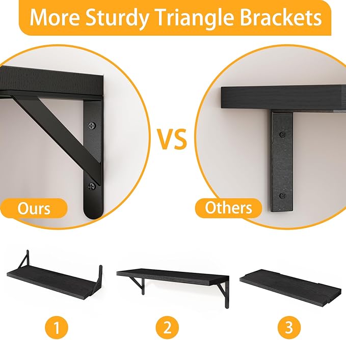 Fixwal Black Shelves for Wall, Wood Wall Mounted Floating Shelves for Bedroom, Bathroom, Living Room, Kitchen Storage and Decor(Black, Set of 3, 16.5 Inch)