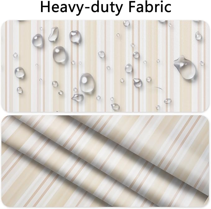 No Hook Shower Curtain with Snap in Liner, Beige Striped Shower Curtains for Minimalist Modern Bathroom, Waterproof Cloth Fabric with Mesh Top Window, 71x74 Inch