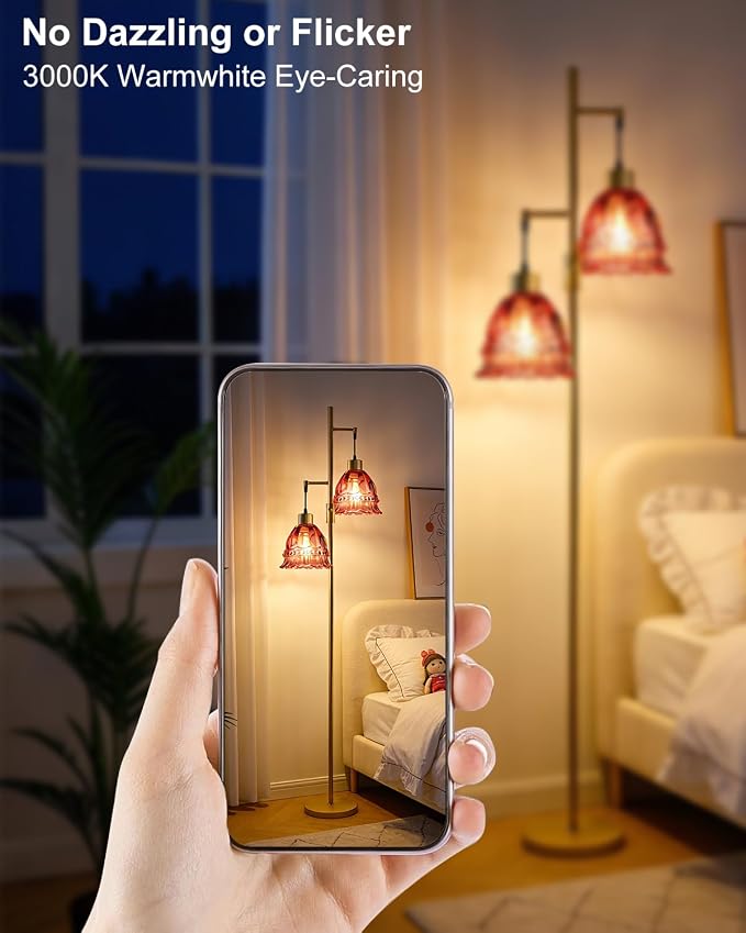 2-Light Modern Glass Floor Lamp, Gold Tall Standing Lamp with Deep Red Lace Glass Shade for Reading, Dimmable LED Floor Lamp with 5Lbs Heavy Base for Living Room Bedroom Home Decor, Bulb Included