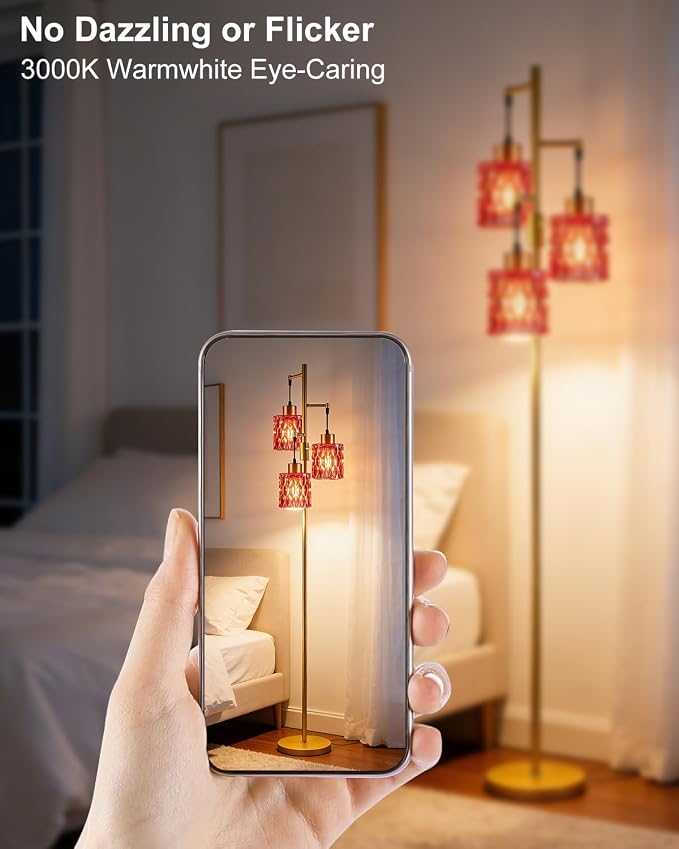 3-Light Modern Glass Floor Lamp, Gold Standing Tall Lamp with Deep Red Cylinder Glass Shade for Reading, Dimmable LED Floor Lamp with 5Lbs Heavy Base for Living Room Bedroom Home Decor, Bulb Included