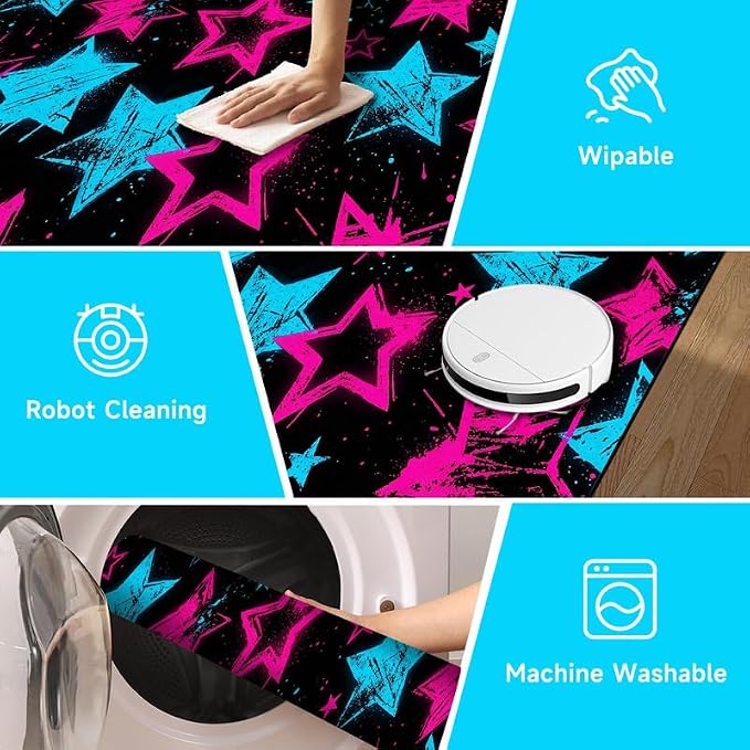 5'x7' Neon Star Area Rug Black Pink and Blue Floor Mat Abstract Star Print Rugs Washable Non-Slip Carpet for Bedroom Living Room Nursery Kitchen Playroom Home Decor