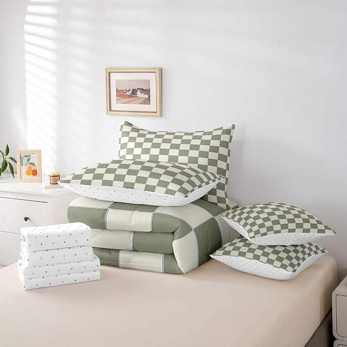 Erosebridal Plaid Twin Comforter Set 7 Piece Beige Sage Green Checkerboard Bed in A Bag with Sheets Geometric Checkered Bedding Set for Kids Boys Girls,Aesthetic Grid Bed Set