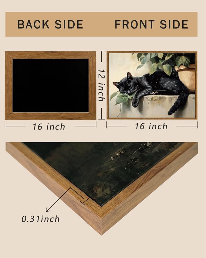 ARPEOTCY Vintage Framed Canvas Wall Art, Sleeping Black Cat Framed Wall Art for Living Room Bedroom Office, Vintage Rustic Animal Art Prints for Bathroom Decor(12x16 Inch)