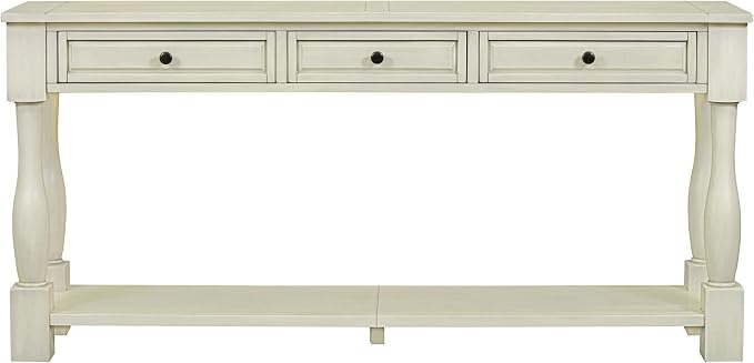 Merax LUMISOL 64 inch Long Console Sofa Table with 3 Drawers and Bottom Shelf, Hallway Table Entryway Table for Living Room, Easy Assembly (Antique White).