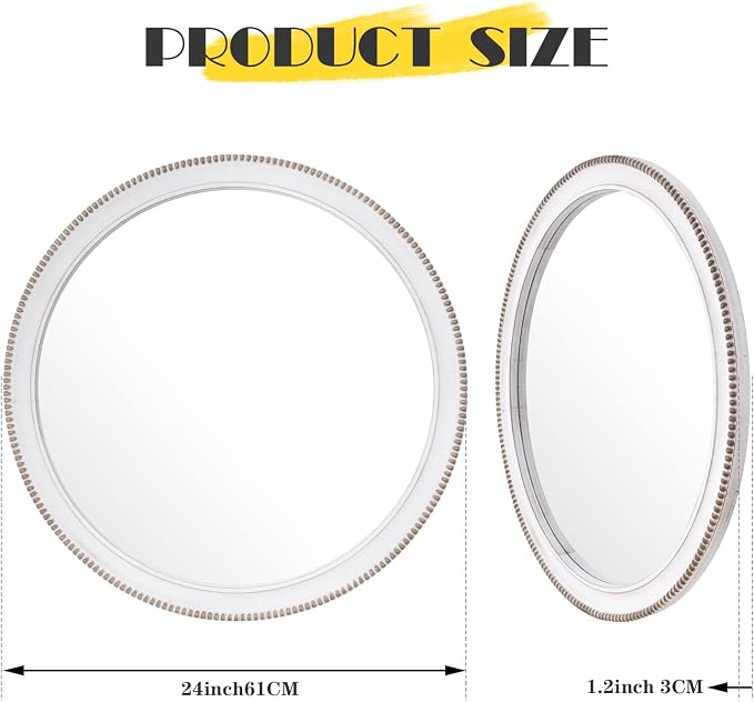 sawsile Round Wood Mirror,24 inch Circle Rustic Farmhouse White Wooden Frame Boho Beads Wall Mirror for Bathroom,Living Room,Bedroom or Entryway