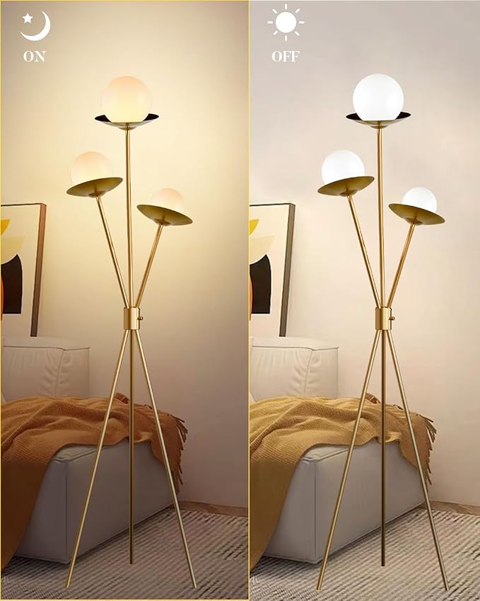 Lightdot Tripod Floor Lamp Dimmable Globe Floor Lamps with 3 LED Bulbs Included, 3000K Soft Warmwhite Mid Century Modern Standing Lamps Gold Tall Lamp for Living Room/Bedroom/Sofa Beside/Corner Decor