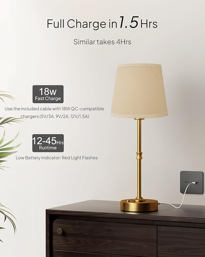 EppieBasic Cordless Table Lamp Rechargeable: Fast Charging & Long Lasting - 2700K Warm Light Vintage Gold Lamps - Dinning Living Room Bedroom - Beige Shade