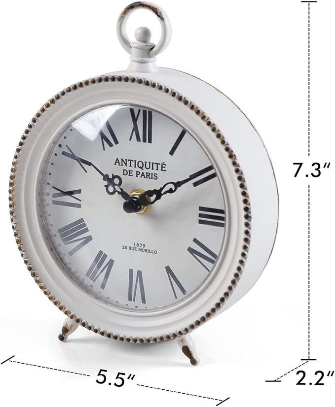 NIKKY HOME Vintage Table Clock with Handle, Shelf Desk Top Clock Battery Operated Rustic Design, Chic Home Decor for Fireplace Mantel, Desktop, Countertop, Distressed White