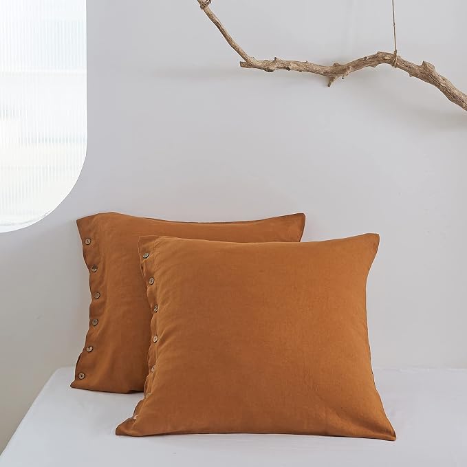 Simple&Opulence 100% Linen Euro Shams with Coconut Button (26'' x 26'') - Pack of 2 - Washed Solid Color Natural Flax Soft Breathable - Rust