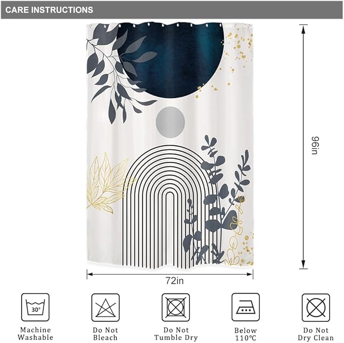 Riyidecor Extra Long Boho Modern Shower Curtain for Bathroom Decor 72Wx96H Navy Blue Abstract Bohemian Tropical Minimalist Aesthetic Art Printed Fabric Polyester Waterproof 12 Pack Plastic Hook