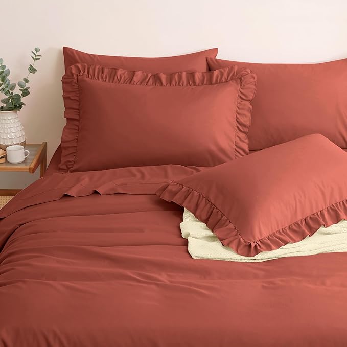 Horbaunal Terracotta Ruffle Sheets King Size 6 Piece, Fits 16" Deep Mattress, Microfiber Rust King Sheets with 2 Ruffled Pillowcases, Shabby Chic King Bed Sheet Set